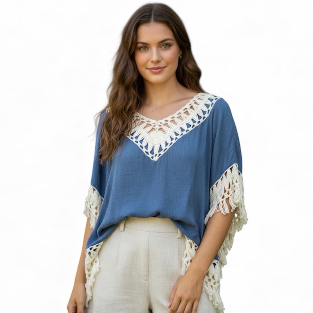 Mittoshop Fringe Crochet Lace V-Neck Women’s Blouse‎ - Picture 2 of 7